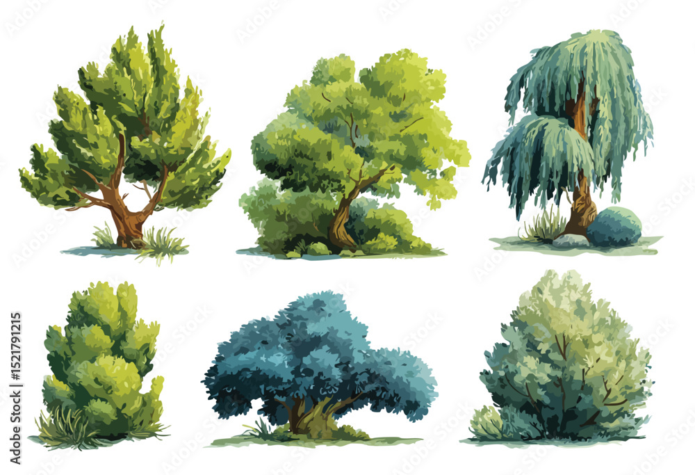 Poster set of six trees with different colors and sizes. the trees are all green and isolated