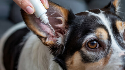 A close-up of a dog's ear and a hand dripping drops from a white transparent tube of clear liquid into a healthy-looking dog.