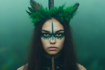 Forest warrior queen with green headdress, Symmetrical face paint portrait, Exotic feather crown detail, Dark emerald backdrop, Moody cinematic lighting, Ample copy space, Tribal mystic mood


