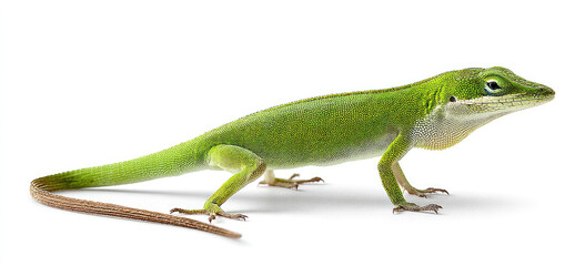 Vibrant Green Anole Lizard Posing Against a Clean White Background