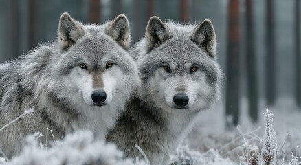 Fototapeta premium Two Gray Wolves Staring Intently in Snowy Forest, Symbolizing Loyalty and Wildlife Conservation Efforts : Generative AI