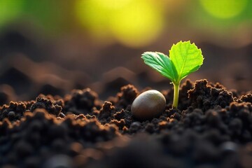 Close-up of a single seed nestled in rich, dark soil, ready to sprout Sunlight gently illuminates the scene, hinting at the potential for growth and new life , soil, delicate, seed