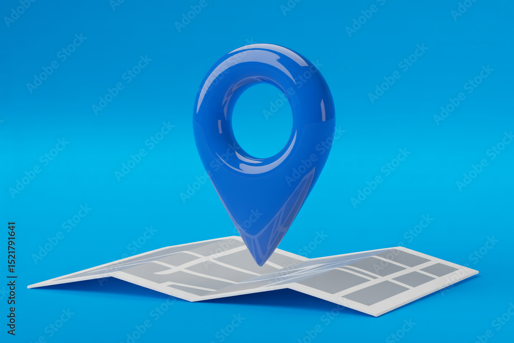Poster 3d render of a glossy blue map pointer above a folded map
