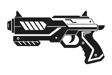 Black and White Graphic Illustration of a Futuristic SciFi Pistol Design Isolated