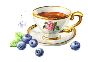 Cup of tea with Wild forest blueberries. Hand drawn watercolor illustration isolated on white background
