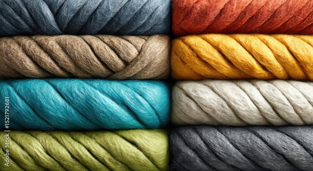Poster Stack of Colorful Wool Roving Bundles, Representing Textile Art and Craftsmanship for Creative Projects : Generative AI