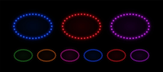 Light neon bulbs oval frame. Ellipse border with led glow of lamps. Set of vector retro elements for advertising casino, parties and cinema.