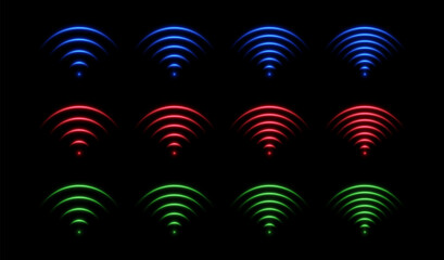 Wifi signal light effect. Sound wave or radar neon glow. Set of isolated vector elements on black background.