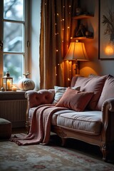 Cozy winter scene featuring a plush couch, soft blankets, and warm lighting, perfect for relaxation and comfort on a cold day , room, holiday season, glow