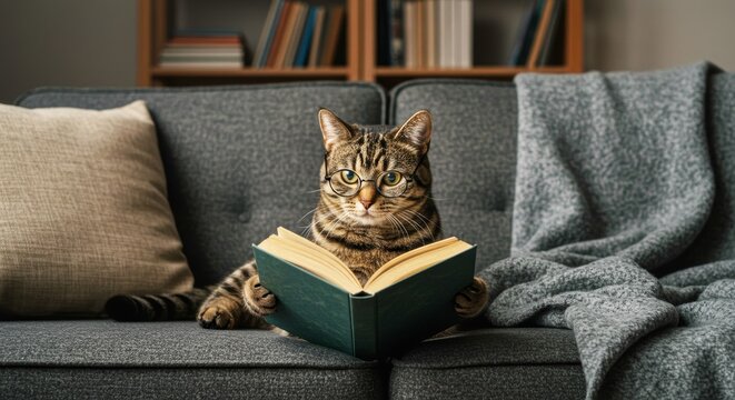 Cat in glasses reading a book showing humorous human behavior