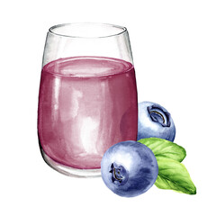 Glass of Wild forest blueberry juice and fresh red berries. Watercolor hand drawn illustration isolated on white background