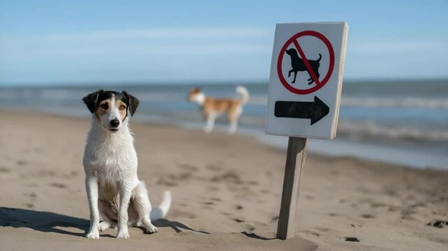 Curious dog ignoring sign at beach with ocean waves and clear sky