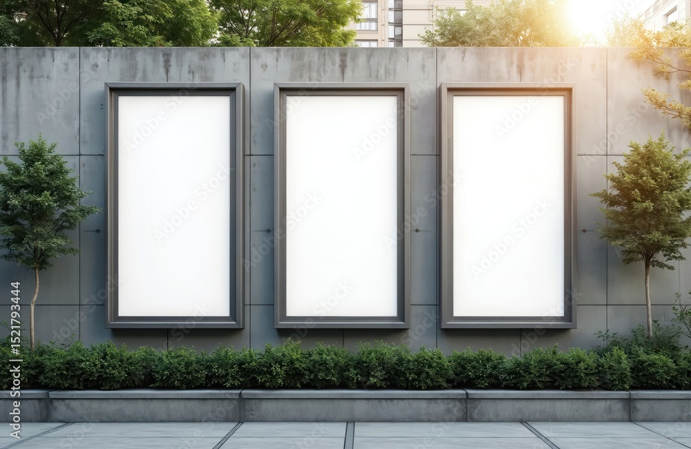 Poster three vertical blank billboards mockup on concrete wall in urban setting. green plants add touch of 