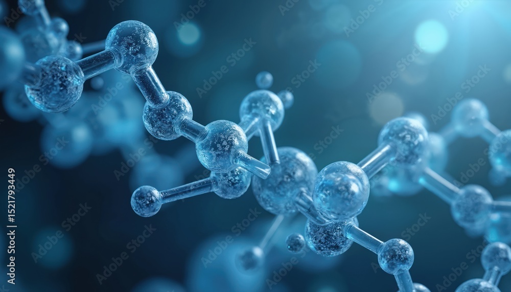 Poster abstract macro photo of molecule structure, science tech background. transparent spheres, connection