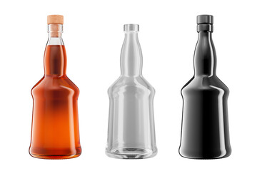 Whiskey bottle on white or transparent background. Empty whiskey bottle. 3d render.