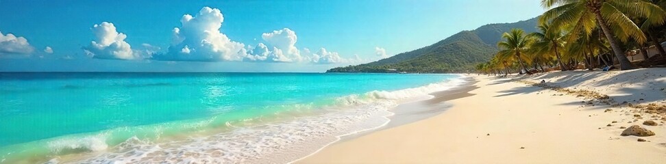 Obraz premium Sun-drenched beach scene, turquoise water laps gently at the shore, perfect for summer vacation dreams Ideal for travel, holiday, and summer themes , beautiful, destination, nature