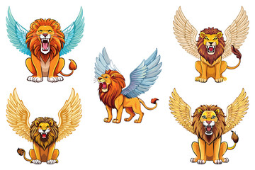 Lion with wings, Winged Lion Mythical Creature, Illustration of roaring sitting lion with wing, set