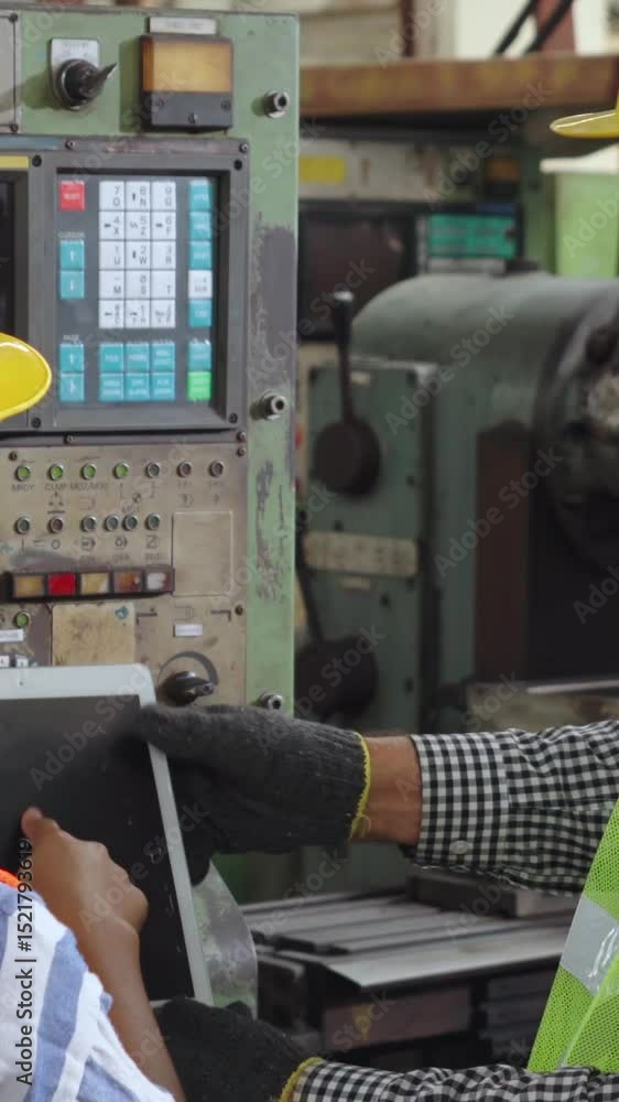 Poster group of factory workers using machine equipment in factory workshop . industry and engineering conc