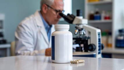 A photo of a white food additive bottle with an empty label. The setting is a minimalistic laboratory. In the background, a doctor in a white coat is depicted looking through a microscope.