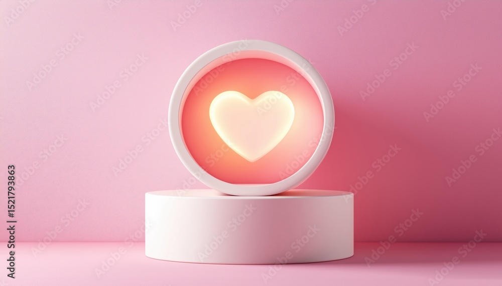 Poster pastel pink abstract room with heart shape window featuring white realistic cylinder pedestal podium