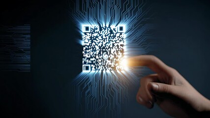 Human Hand Touching Digital QR Code with Light Effects in Futuristic Dark Setting - Powered by Adobe