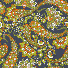 Turkish Cucumber Paisley seamless vector pattern in traditional Oriental style. Decorated with flowers, leaves, and fantasy elements, for fabric, textile and wallpaper covers