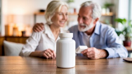 A white bottle with a food additive. In the background, there is a blurry image of a happy elderly couple looking at a product. A photo with a place for the text.