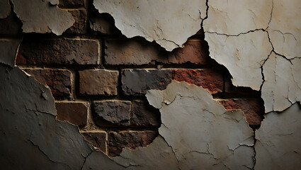 Fototapeta premium Crumbling and cracked with peeling paint, the damaged old brick wall reveals a rough, grunge texture, a weathered urban surface that serves as a textured background