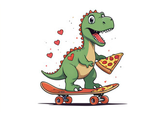 Vector drawing for children t-shirt. 
Green cute baby dinosaur
with triangular piece of pizza on skateboard on white background. 
Design for textile, paper, fabric, 
kids clothing.