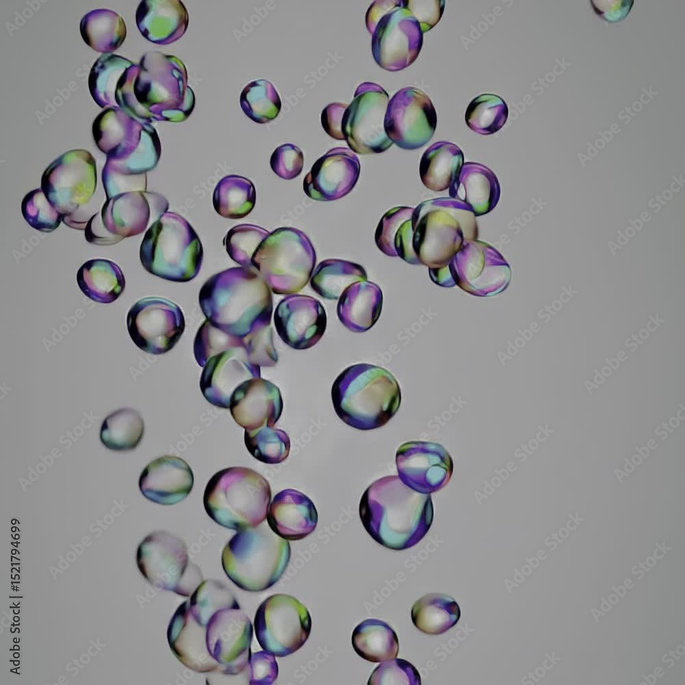 Poster vertical stream of colorful soap bubbles floating on grey background in slow motion