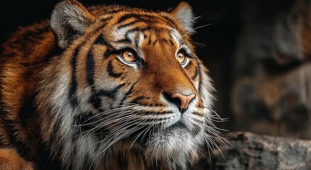 Fototapeta premium Close-Up Portrait of a Bengal Tiger Looking Upward, Representing Wildlife Conservation and Endangered Species Awareness : Generative AI