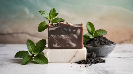 Promotional photo of soap with mint and Dead Sea mud. Fresh mint leaves and a cup of Dead Sea mud were washed around the soap. A background with a place for the text.
