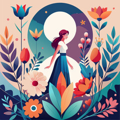 Elegant woman standing in front of a glowing circle surrounded by vibrant floral elements, flat vector illustration celebrating femininity, nature, and beauty in a modern artistic composition
