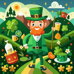 Playful vector illustration of a cheerful leprechaun surrounded by shamrocks gold and nature scenery perfect for St Patrick’s Day celebration Irish folklore themes and festive holiday content
