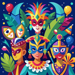 Colorful vector illustration of masked carnival characters in vibrant traditional costumes with feathers and balloons perfect for festival posters parade celebrations and cultural event designs
