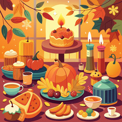 Colorful vector illustration of a cozy autumn table filled with festive food candles pumpkins and leaves perfect for Thanksgiving celebration harvest season and fall holiday themes
