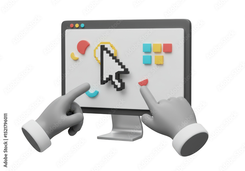 Poster 3d render of hands interacting with computer screen