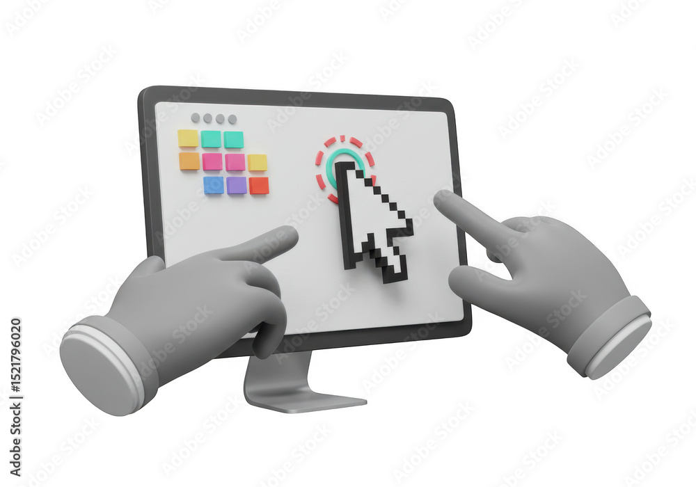 Poster 3d render of hands interacting with computer screen