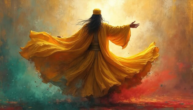 Whirling dervish illustration. Mevlana Rumi, Sufi mystic in traditional Konya dance. Watercolor painting with texture, aged paper feel, minimalist design. Spiritual, Turkish festival vibe with warm