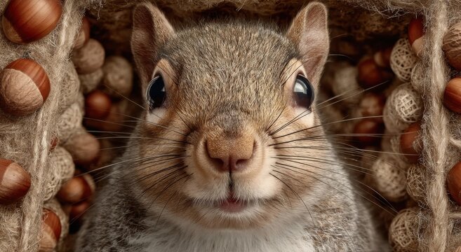 Close-Up of a Squirrel Surrounded by Nuts and Twine, Symbolizing Resourcefulness and Autumnal Abundance for Wildlife Conservation : Generative AI