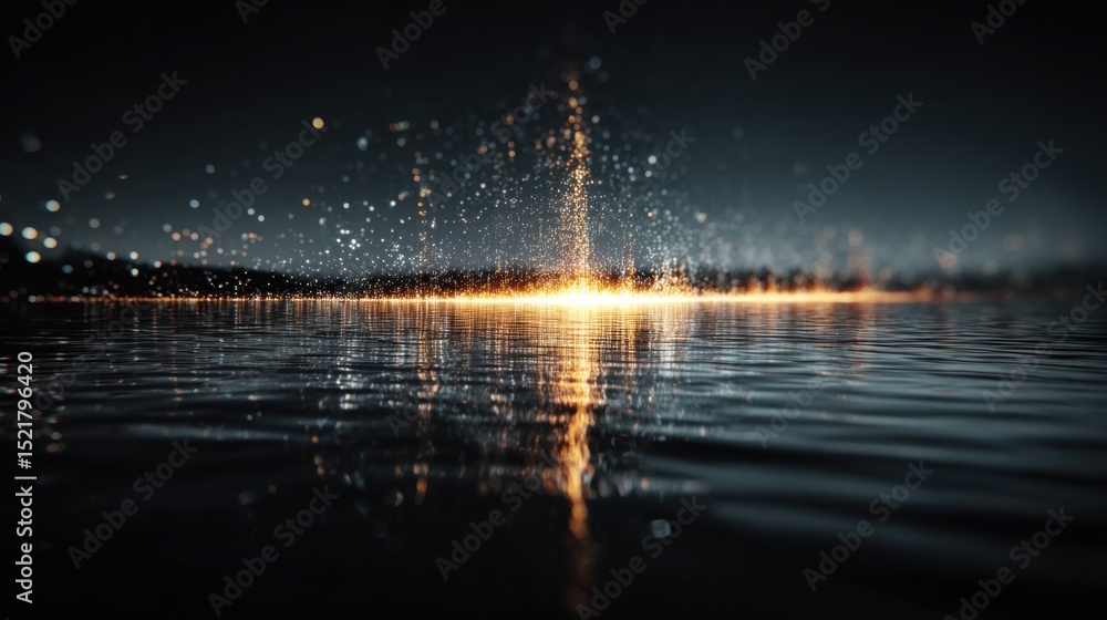 Poster golden particles rising from dark water surface, symbolizing innovation and technological advancemen