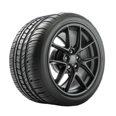 Obraz premium Modern black alloy wheel with performance tire displayed on white background