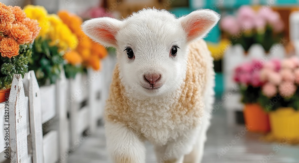 Poster adorable lamb walking towards camera with colorful flowers, symbolizing new beginnings and springtim