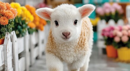 Obraz premium Adorable Lamb Walking Towards Camera With Colorful Flowers, Symbolizing New Beginnings and Springtime Renewal : Generative AI