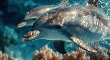 Dolphins Swimming Underwater in Clear Blue Ocean, Symbolizing Marine Conservation and Ecotourism Adventure Travel : Generative AI