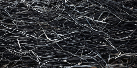Ashes from burnt grass. Close-up of scorched dry grass and twigs after a wildfire. Natural texture of burned vegetation. Perfect for backgrounds, environmental themes, or climate change concepts