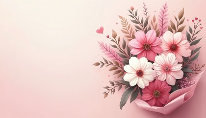 Illustration bouquet with pink, white flowers. Soft pink background, tender pastel colours, floral arrangement, fresh blossom, perfect gift for celebration, spring summer. Love, romantic, feminine,