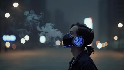 A man in a futuristic mask that covers the lungs and purifies the air. Concept: urban pollution, bad air and danger for allergy sufferers