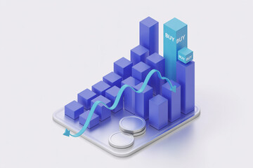 3D Render of Ascending Bar Graph Showing Stock Market Growth and Buy Signals