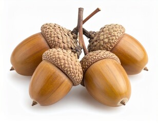 Cuatro bellotas naturales con sus cáscaras, colocadas de forma asimétrica sobre fondo blanco,...